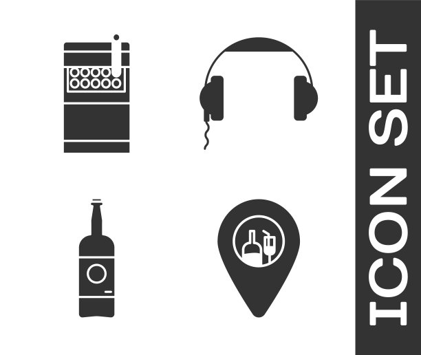 设置酒精或啤酒酒吧的位置，打开香烟包装盒，啤酒瓶和耳机图标。向量图片下载