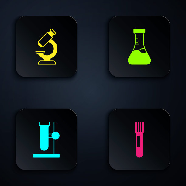 将试管，显微镜，烧瓶放置在支架上。黑色方形按钮。向量图片下载