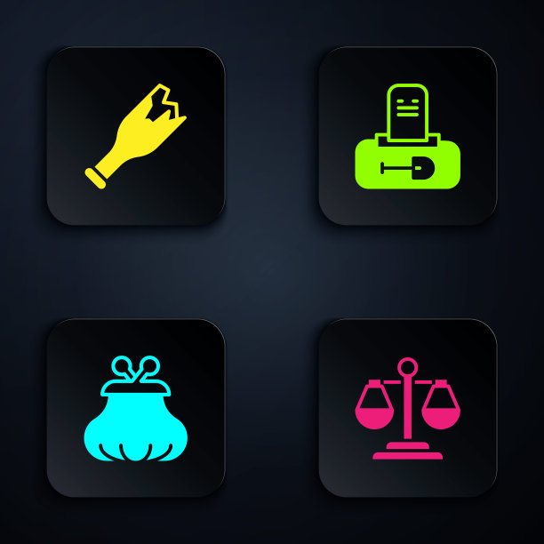 设置正义天平，碎瓶为武器，钱包和墓碑坟墓。黑色方形按钮。向量图片下载