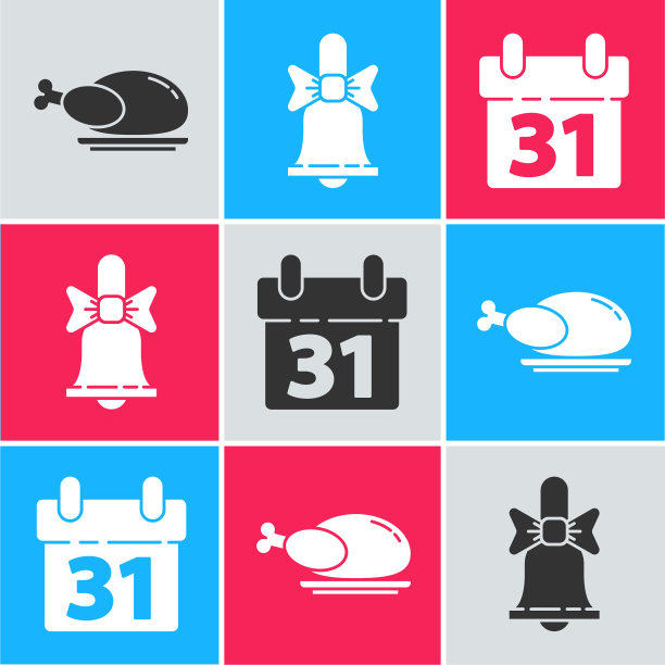 烤火鸡或烤鸡、圣诞铃铛和日历图标矢量素材图片下载