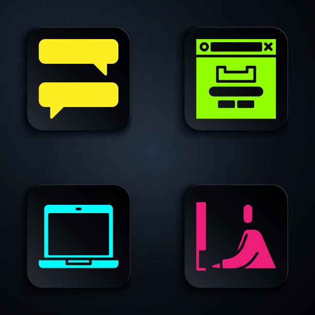 设置学生工作在笔记本电脑，语音气泡聊天，笔记本电脑和浏览器窗口。黑色方形按钮。向量图片下载