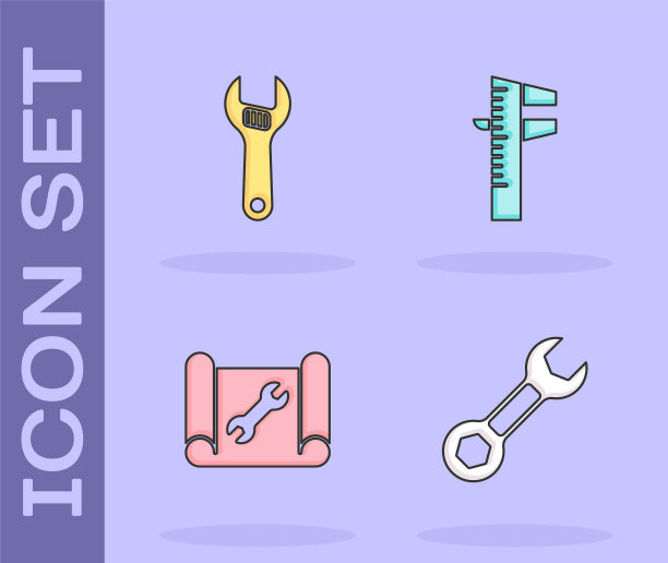 设置“扳手扳手”、“活动扳手”、“画纸”、“卡尺”或“卡尺刻度”图标。向量图片下载