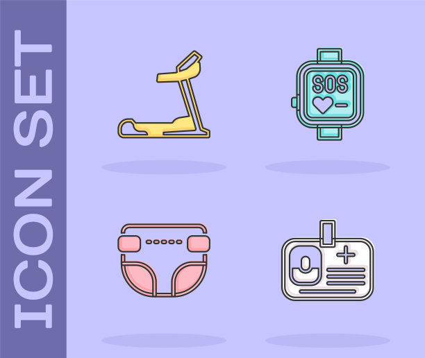 设置识别徽章，跑步机，成人尿布和智能手表图标。向量图片下载