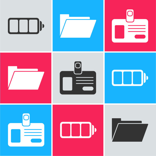 设置电池充电水平指示器，文件文件夹和标识徽章图标。向量图片下载