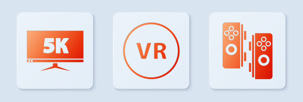 设置虚拟现实，显示器显示5k视频和手柄。白色正方形按钮。向量图片下载