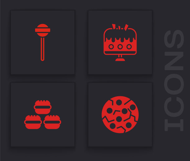 设置饼干或饼干，棒棒糖，蛋糕上的盘子和马卡龙饼干图标。向量图片下载