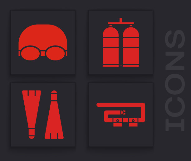 潜水带游泳眼镜帽子潜水呼吸器橡胶脚蹼图标矢量素材图片下载