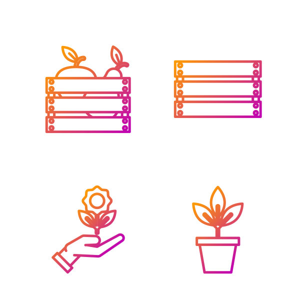 花盆花，手握花，水果和蔬菜木箱和木箱。渐变颜色图标。向量图片下载