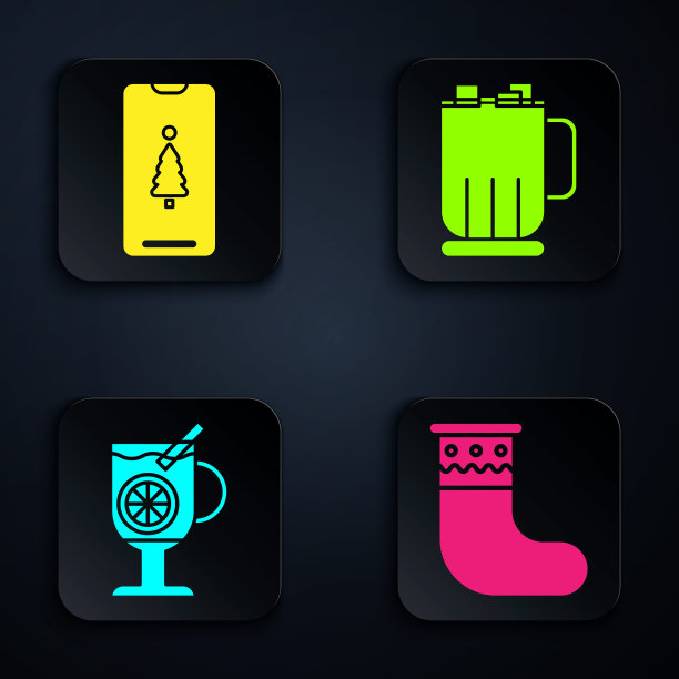 圣诞袜、智能手机配礼盒、热红酒配饮料、热巧克力杯配棉花糖。黑色方形按钮。向量图片下载