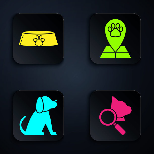 设置兽医诊所标志，宠物食品碗猫或狗，狗和地图指示与兽医医院。黑色方形按钮。向量图片下载