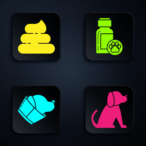 集狗，狗屎，兽医诊所标志和狗药瓶。黑色方形按钮。向量图片下载