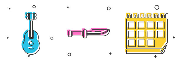 设置吉他，野营刀和日历图标。向量图片下载