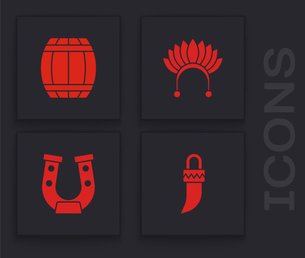 设置牙齿，火药桶，羽毛和马蹄铁图标的印度头饰。向量图片下载