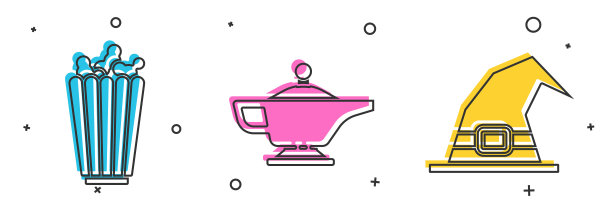 设置爆米花盒，魔术灯或阿拉丁和女巫帽子图标。向量图片下载