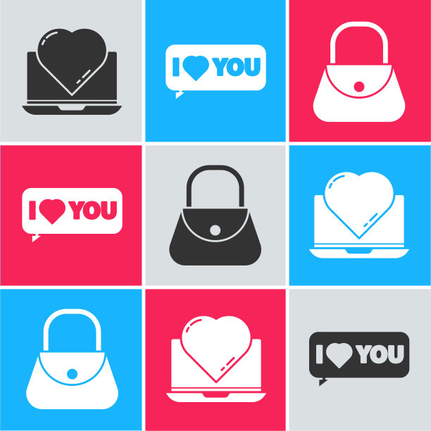 设置在线约会应用程序和聊天，语音气泡与我爱你和手提包图标。向量图片下载