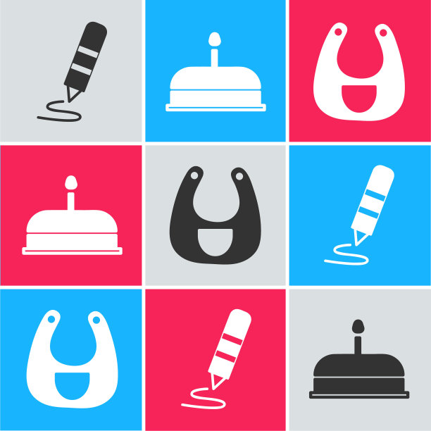 设置蜡笔绘画，蛋糕燃烧蜡烛和婴儿围嘴图标。向量图片下载