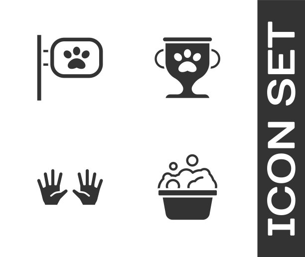 设置宠物洗澡，美容，医用橡胶手套和奖励图标。向量图片下载