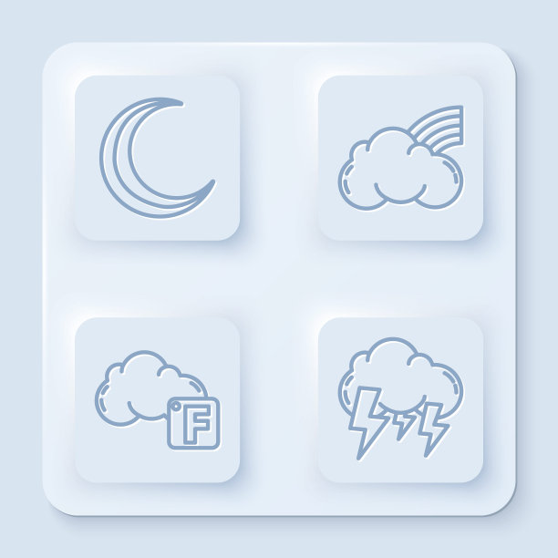 月亮和星星，彩虹和云彩，华氏和云和风暴。白色正方形按钮。向量图片下载