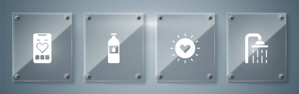 设置淋浴喷头，太阳，瓶装水和移动与心率。方形玻璃面板。向量图片下载