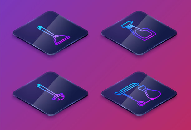 马桶柱塞、马桶刷、清洁喷雾瓶、洗洁精、垃圾桶等。蓝色方块按钮。向量图片下载