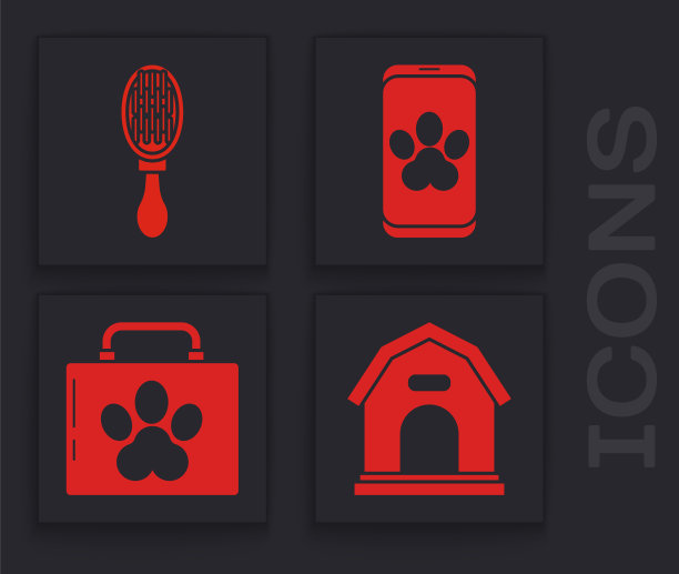 设置狗屋，猫狗毛刷，在线兽医诊所符号和宠物急救箱图标。向量图片下载