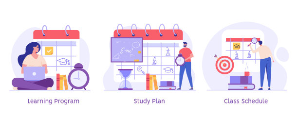 学习计划概念、学习计划、课程表。学生安排课程计划。学生在大学组织个人学习计划。为网络横幅向量卡通插图的集合图片下载