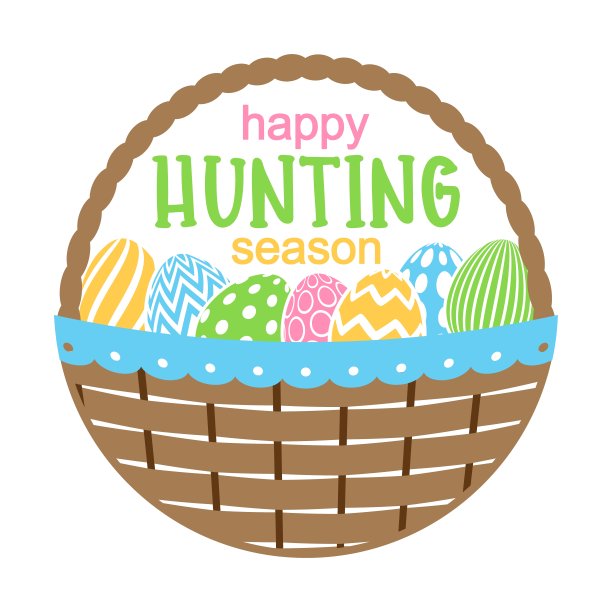 矢量插图快乐狩猎季节与篮子和装饰鸡蛋孤立在白色背景。可爱的卡通剪纸春假，复活节家居装饰，卡片，门牌。图片下载