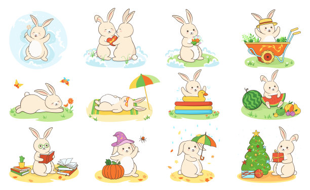 兔子平面卡通动物复活节或圣诞节集兔子可爱的人物兔子宠物矢量插图图片下载