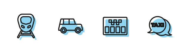 设置线路出租车计价器、高速列车、汽车和电话服务图标。向量图片下载