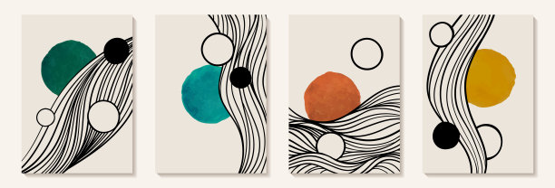 创意极简抽象艺术背景与水彩染色圆形状和手绘线性波。宇宙的抽象背景。设计墙壁装饰，明信片，海报，小册子图片下载