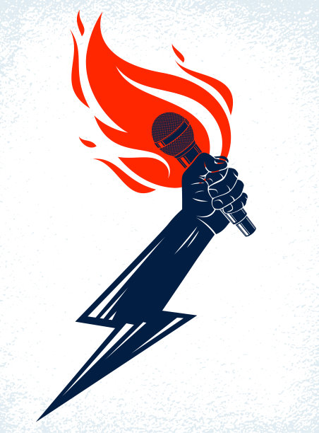 麦克风在火和闪电，热麦克在火焰和闪电，说唱战斗韵律音乐，音乐会节日或夜总会标签，卡拉ok唱歌或单口喜剧，矢量标志。图片下载
