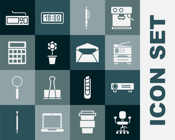 设置办公椅，电影，电影，媒体投影仪，打印机，钢笔，花盆，计算器，键盘和信封图标。向量图片下载