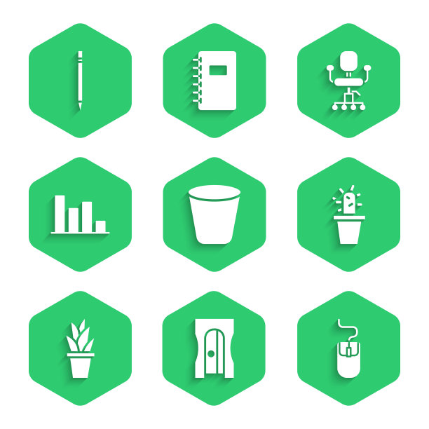 设置垃圾桶，卷笔刀，电脑鼠标，仙人掌和多汁植物在花盆，植物，饼图信息图表，办公椅和橡皮擦图标。向量图片下载