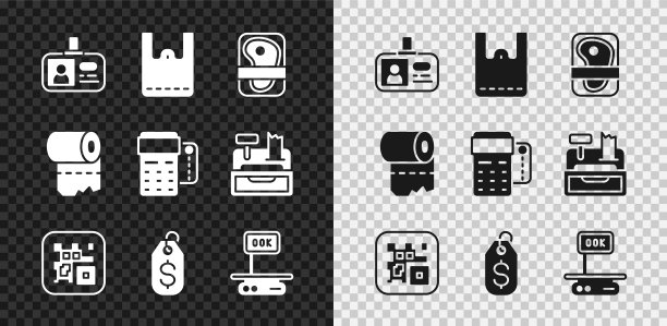 设置标识牌、纸质购物袋、肉类包装牛排、二维码、美元价格标签、电子秤、厕纸卷、POS终端信用卡图标。向量图片下载