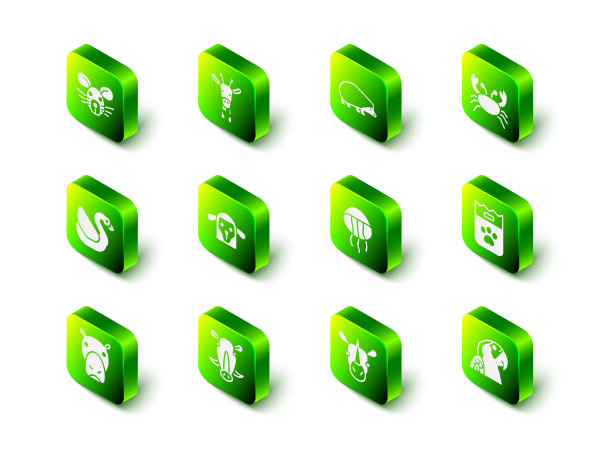 设置长颈鹿头，刺猬，螃蟹，食物袋，金刚鹦鹉，水母，犀牛和野猪图标。向量图片下载