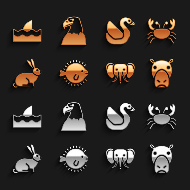 设置河豚，螃蟹，河马或河马，大象，兔子，天鹅鸟，鱼翅在海浪和鹰头图标。向量图片下载