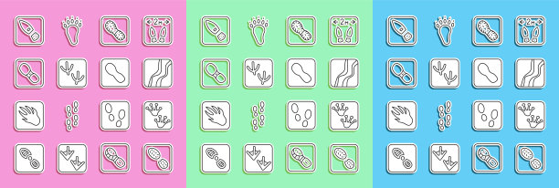 设置线人的脚印鞋，蛙爪，蛇，鸽子，和图标。向量图片下载