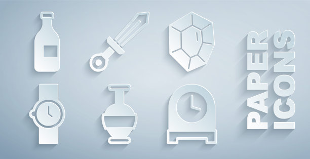 集古代双耳罐，宝石，手表，古董钟，中世纪的剑和酒瓶的图标。向量图片下载