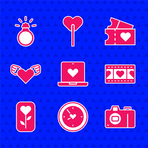 设置约会应用在线，时钟与心，照片相机，播放视频，花玫瑰，心翅膀，爱情票和钻石订婚戒指图标。向量图片下载