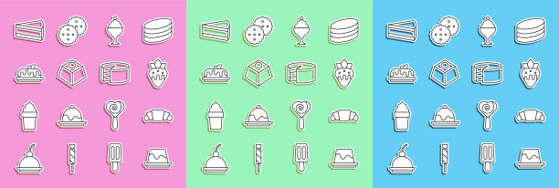 集线布丁奶油蛋羹，牛角面包，草莓巧克力，冰淇淋碗，布朗尼蛋糕，蛋糕，一块和图标。向量图片下载