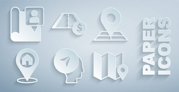 设置地图标记与人，折叠地图位置，位置房子，收费公路交通和图标。向量图片下载