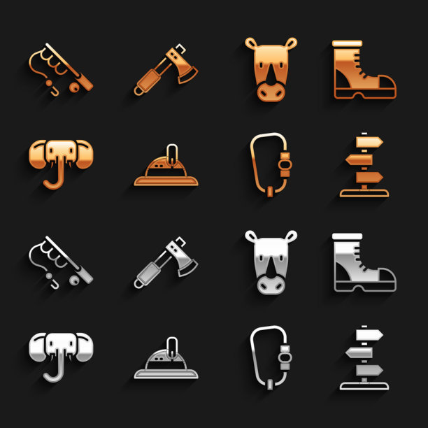 设置猎人的帽子，靴子，道路交通标志，钩环，大象，犀牛，鱼竿和木斧图标。向量图片下载