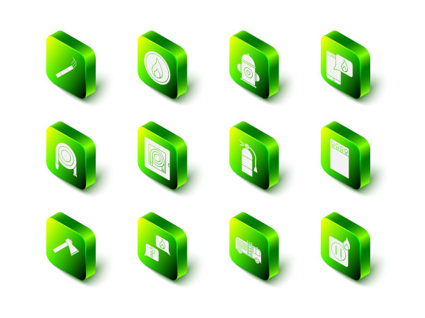 点燃火苗、消火栓、拨打911紧急电话、打开火柴盒和火柴、消防插座、灭火器、卡车电线和图标。向量图片下载