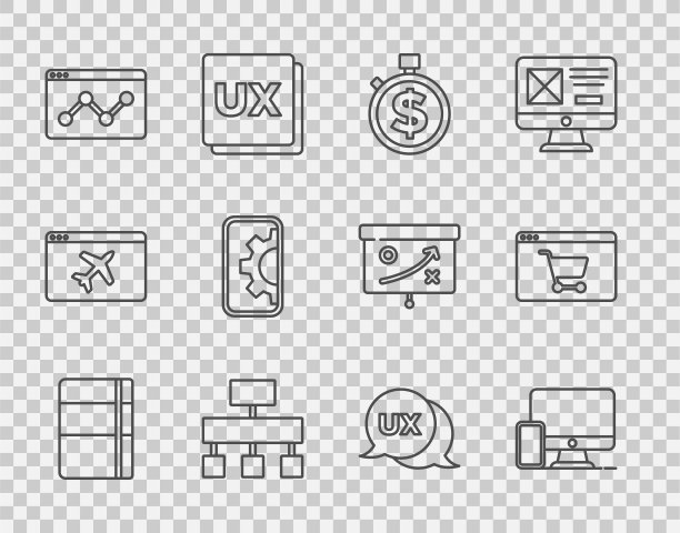 设置线素描簿或相册，监视器和手机，时间就是金钱，网站地图，网站统计，开发，UI UX设计和在线购物屏幕图标。向量图片下载