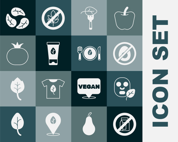 设置不包牛奶，面部化妆品面膜，肉类，素食饮食，有机，番茄，树叶或树叶和图标。向量图片下载