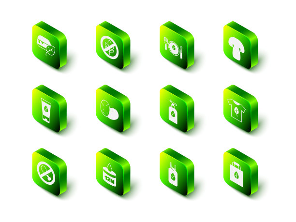 设置无麸质谷物，素食饮食，蘑菇，衬衫，购物袋与回收，有机化妆品，和图标。向量图片下载