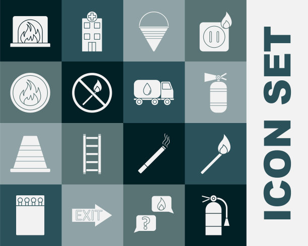设置灭火器，燃烧的火柴与火，锥形桶，否，火焰，室内壁炉和送水车图标。向量图片下载