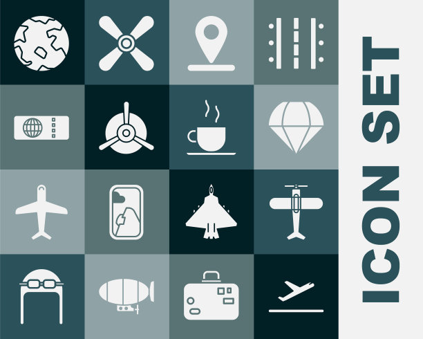 设置飞机起飞，降落伞，位置，螺旋桨，机票，世界范围和咖啡杯图标。向量图片下载
