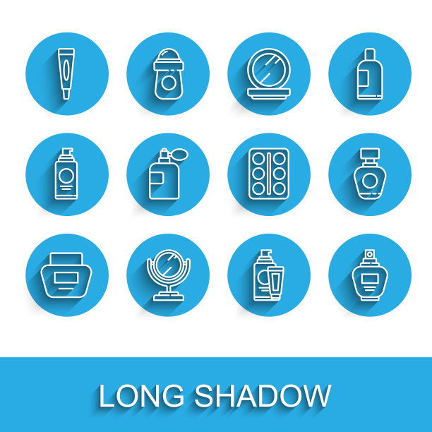 设置线霜或乳液化妆品管，圆形化妆镜，香水，眼影调色板图标。向量图片下载