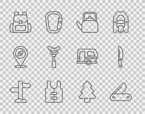 设置线路道路交通路标，瑞士军刀，带柄水壶，救生衣，徒步背包，叉子上的香肠，森林和刀的图标。向量图片下载